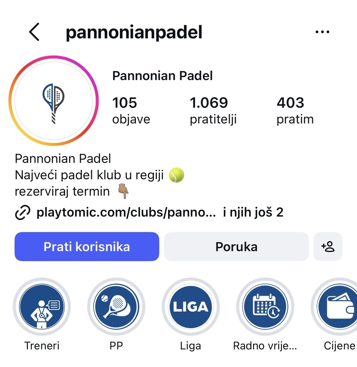 Instagram profil pannonianpadel: 105 objava, 1.069 pratitelja